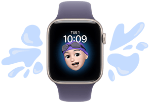 Apple Watch SE 3, starlight color aluminum case, purple fog color Sport Band, a Memoji wearing a swimming cap and goggles, illustrated water splashes on either side of watch