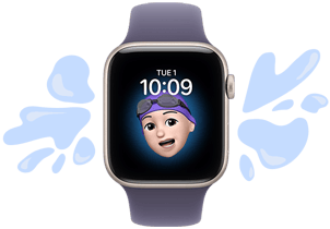 Apple Watch SE 3, starlight color aluminum case, purple fog color Sport Band, a Memoji wearing a swimming cap and goggles, illustrated water splashes on either side of watch