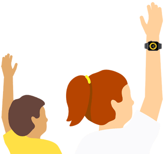 Illustration two children, each raising a hand, one is wearing an Apple Watch