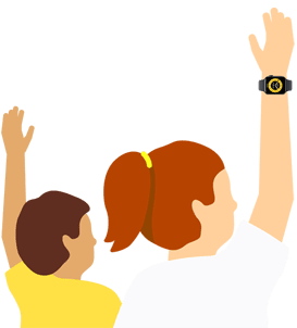 Illustration two children, each raising a hand, one is wearing an Apple Watch