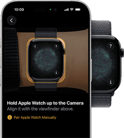 Apple Watch pairing screen: a wrist wearing Apple Watch, the watch case aligned with yellow viewfinder onscreen, along with pairing setup instructions