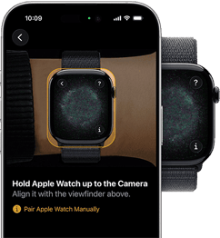 Apple Watch pairing screen: a wrist wearing Apple Watch, the watch case aligned with yellow viewfinder onscreen, along with pairing setup instructions