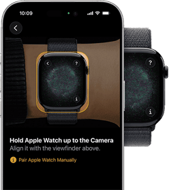 Apple Watch pairing screen: a wrist wearing Apple Watch, the watch case aligned with yellow viewfinder onscreen, along with pairing setup instructions