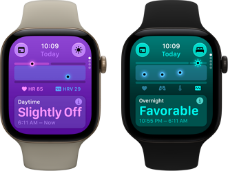 Two Apple Watch Series 12 devices: aluminum case, light gold color, Daytime Vitals Slightly Off, Digital Crown, sand Sport Band, aluminum case, black color, Overnight Vitals Favorable, Digital Crown, black Sport Band