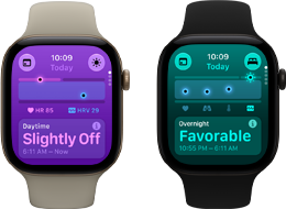 Two Apple Watch Series 12 devices: aluminum case, light gold color, Daytime Vitals Slightly Off, Digital Crown, sand Sport Band, aluminum case, black color, Overnight Vitals Favorable, Digital Crown, black Sport Band