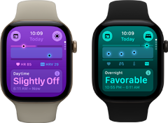 Two Apple Watch Series 12 devices: aluminum case, light gold color, Daytime Vitals Slightly Off, Digital Crown, sand Sport Band, aluminum case, black color, Overnight Vitals Favorable, Digital Crown, black Sport Band