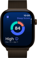 Apple Watch Series 12, aluminum case, dark bronze color, sleep score circle graph, Digital Crown, Milanese Loop band, dark bronze color
