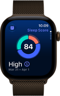 Apple Watch Series 12, aluminum case, dark bronze color, sleep score circle graph, Digital Crown, Milanese Loop band, dark bronze color