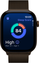 Apple Watch Series 12, aluminum case, dark bronze color, sleep score circle graph, Digital Crown, Milanese Loop band, dark bronze color
