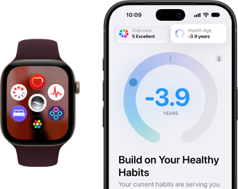 Apple Watch Series 12, aluminum case, black color, face with app icons: Cycle Tracking, heart rate, ECG, sleep tracking, Siri AI, Vitals, App Grid, burgundy Sport Band, iPhone with Health Age in the Health app