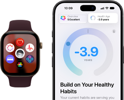 Apple Watch Series 12, aluminum case, black color, face with app icons: Cycle Tracking, heart rate, ECG, sleep tracking, Siri AI, Vitals, App Grid, burgundy Sport Band, iPhone with Health Age in the Health app