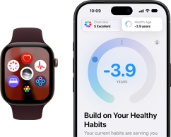 Apple Watch Series 12, aluminum case, black color, face with app icons: Cycle Tracking, heart rate, ECG, sleep tracking, Siri AI, Vitals, App Grid, burgundy Sport Band, iPhone with Health Age in the Health app