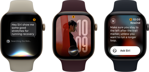 Three Apple Watch Series 12 devices, one with light gold aluminum case, Siri AI conversation, sand Sport Band, one with light gold aluminum case, personalized photo on watch face with Siri AI complication, burgundy Sport Band, and one with space gray aluminum case, Siri Recap, black Sport Band