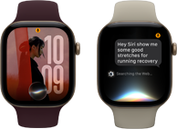 Three Apple Watch Series 12 devices, one with light gold aluminum case, Siri AI conversation, sand Sport Band, one with light gold aluminum case, personalized photo on watch face with Siri AI complication, burgundy Sport Band, and one with space gray aluminum case, Siri Recap, black Sport Band