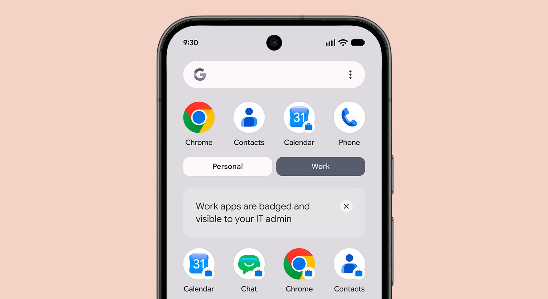 A Pixel 11 Pro showing the interface for switching between Personal and Work profiles