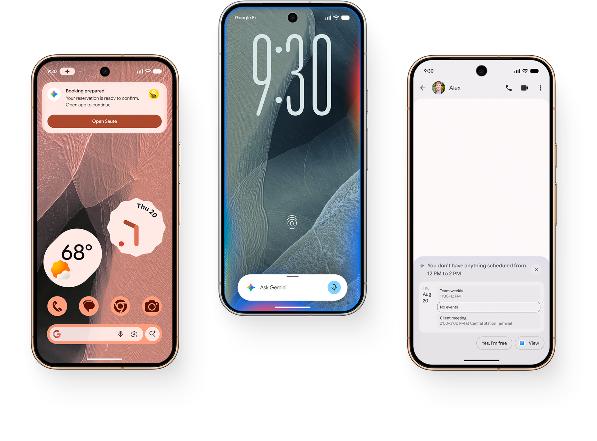 Pixel 11 Pros showing Gemini being used, including booking a reservation and scheduling a meeting.