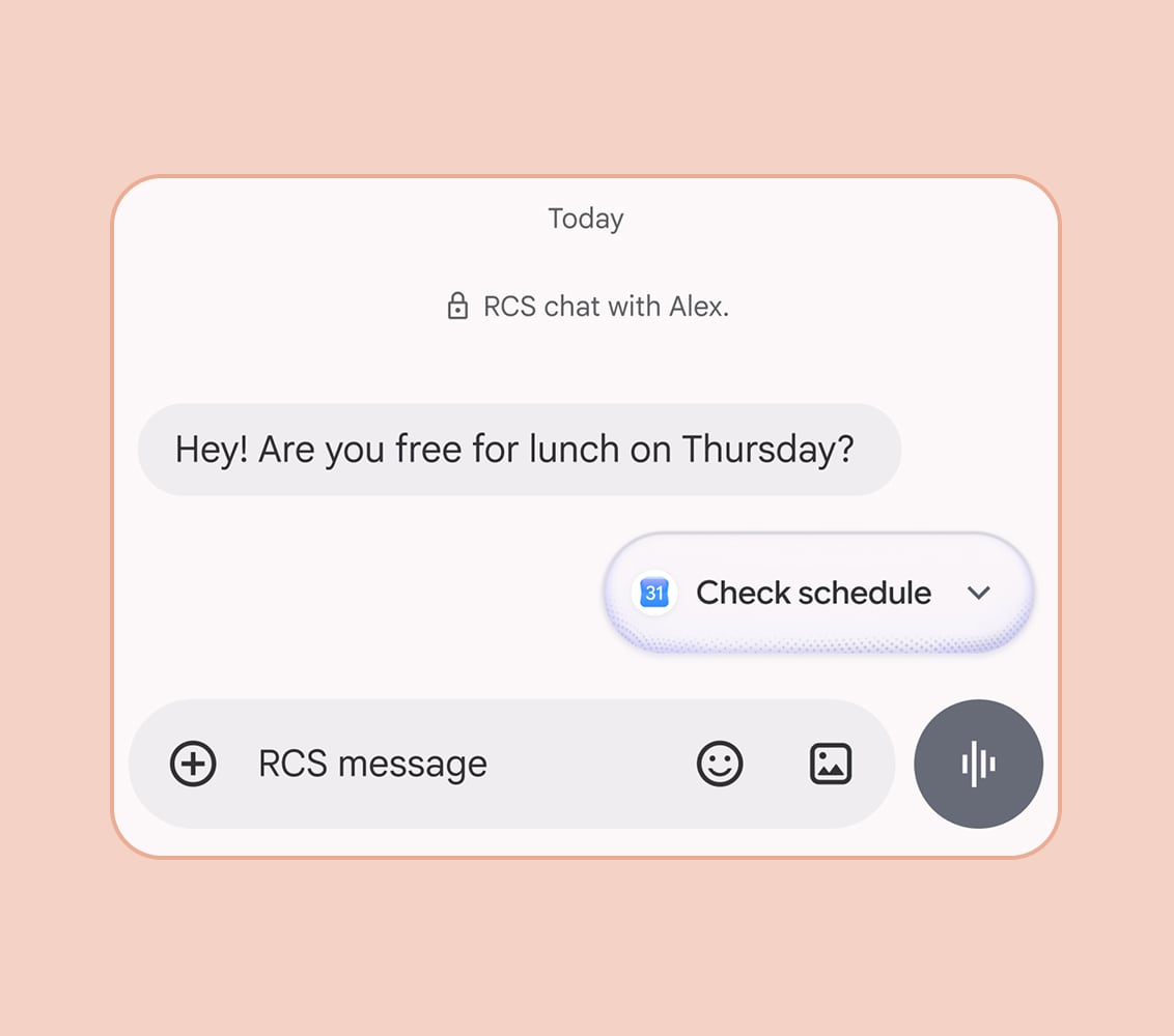 A screenshot of a text message asking "Hey! Are you free for lunch on Thursday?" A Gemini bubble appears below with the message "Check schedule"