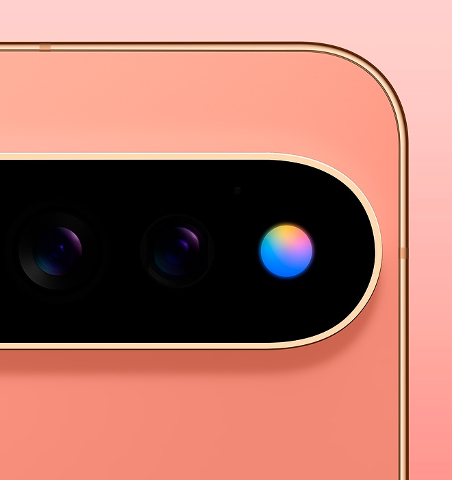A closeup of the camera bump on a Pixel 11 Pro, with HiLight glowing