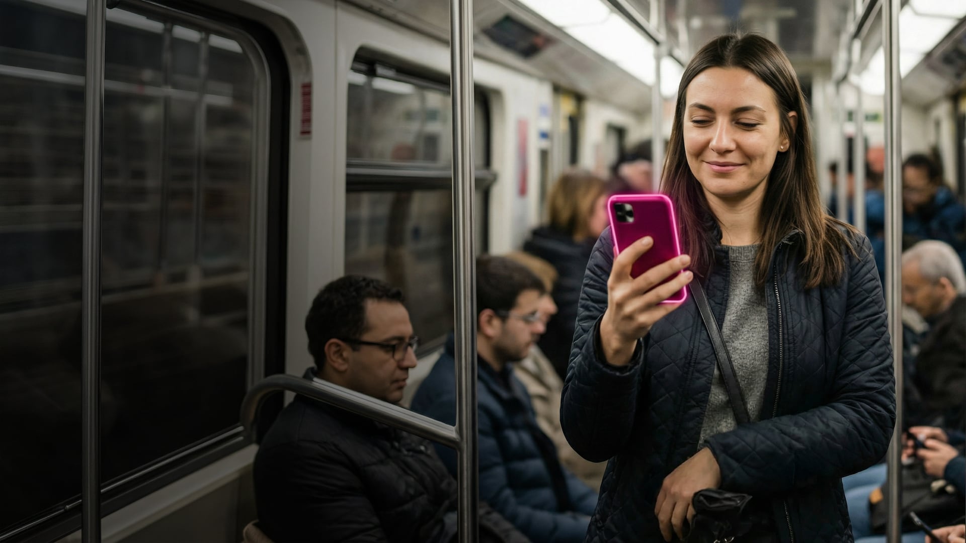 Woman rides subway and smiles at her phone with T-Mobile magenta glow.