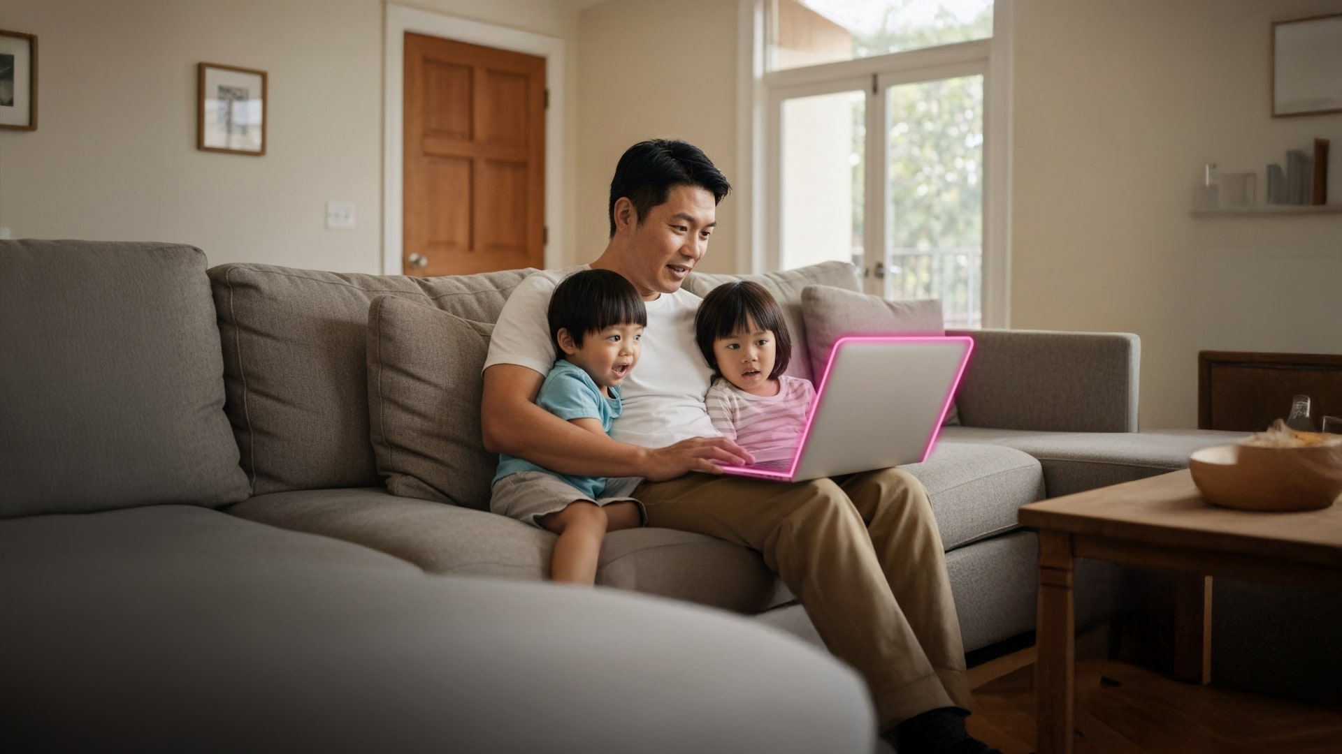 Dad holds his two kids in his lap as they all interact with a laptop computer with a T-Mobile magenta glow.