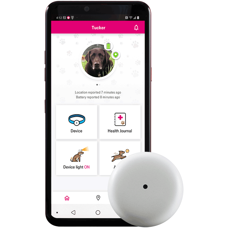 Dispositivo de rastreo Sync-up pets junto a un smartphone que muestra una fotos de un perro, su ubicación y el nivel de batería del dispositivo.