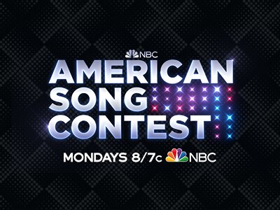 Logo of American Song Contest with a black background and bright live entertainment lights.