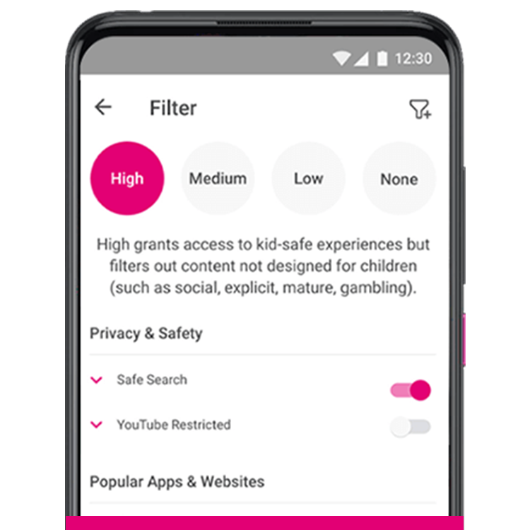 Phone screen with a “High” content filter level description and “Safe Search” toggled on