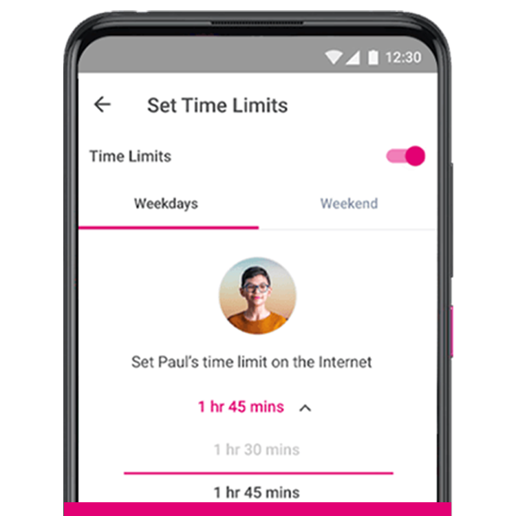Phone screen with a Time Limits function on, a photo bubble of a child, and “1 hr 45 mins” selected