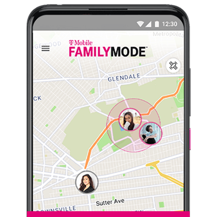 Phone screen with a map, photo bubbles show locations of three different people
