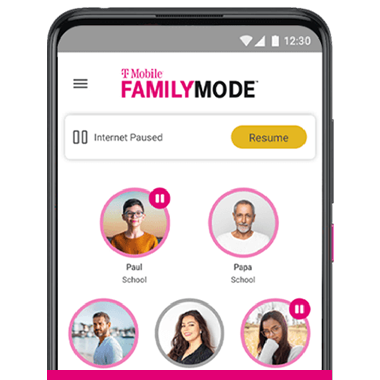 Phone screen with “Internet Paused” and “Resume” button, and five photo bubbles of family members