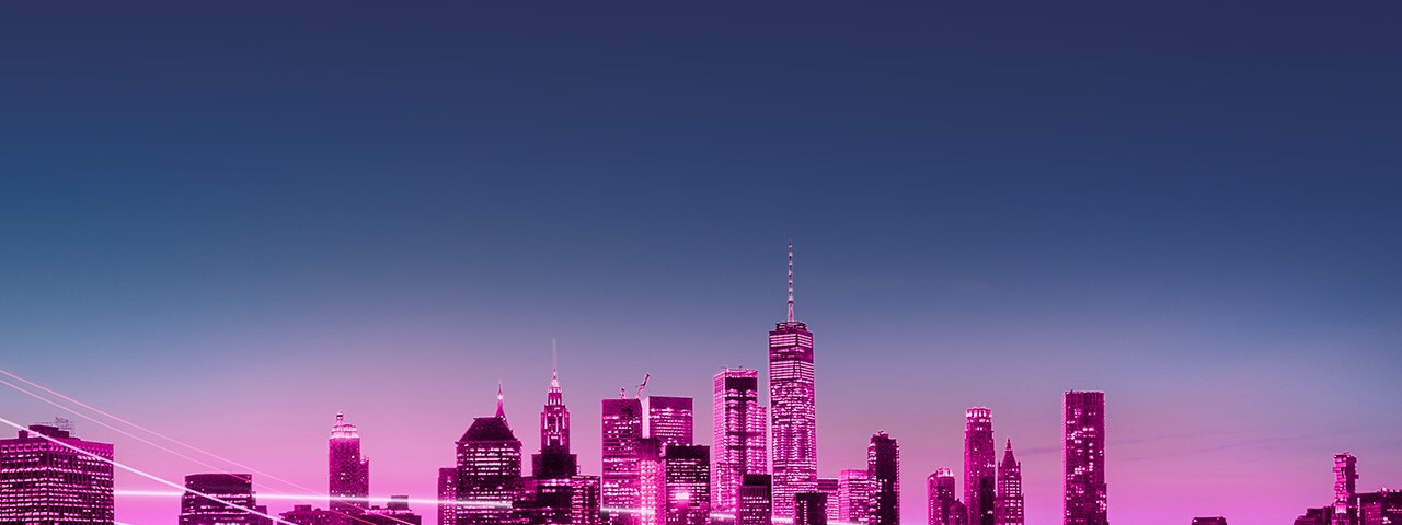 Downtown New York Manhattan skyline in glowing magenta hues