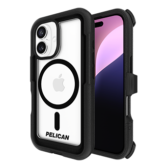 Pelican Voyager Case w/ Holster/Stand, MagSafe for iPhone 16 - Clear/Black